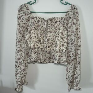 Paper Crane Women’s Smocked Long Sleeve Floral Boho Crop‎ Top Size Small